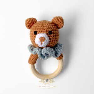 NWT - Cute Handmade Crochet Teddy Baby Rattle Baby & Toddler Wooden Plush Toys